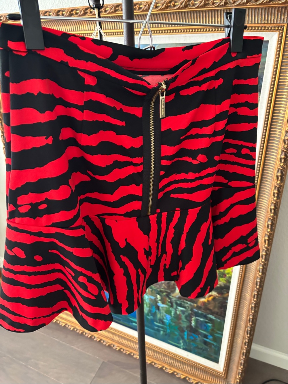 MICHAEL Michael Kors Red and Black Zebra-Print Peplum Skirt with Gold Zip